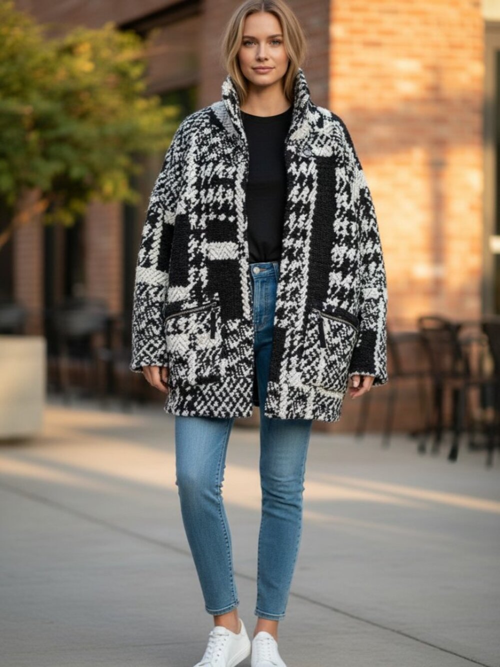 Prana Sakari Oversized Wool Jacket Black Cream Houndstooth Womens Sz S